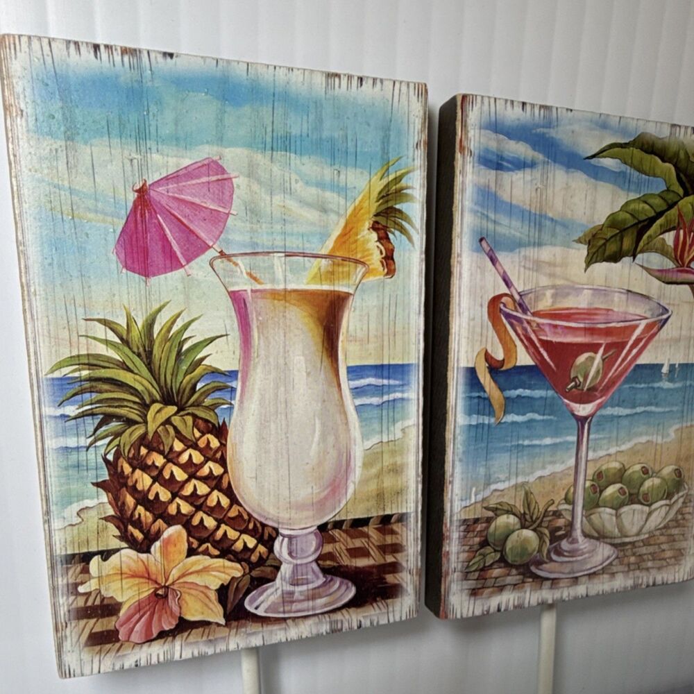Beach Cocktail Theme Decorative Wall Hooks Set of 2 Wood & Metal, Tropical Art